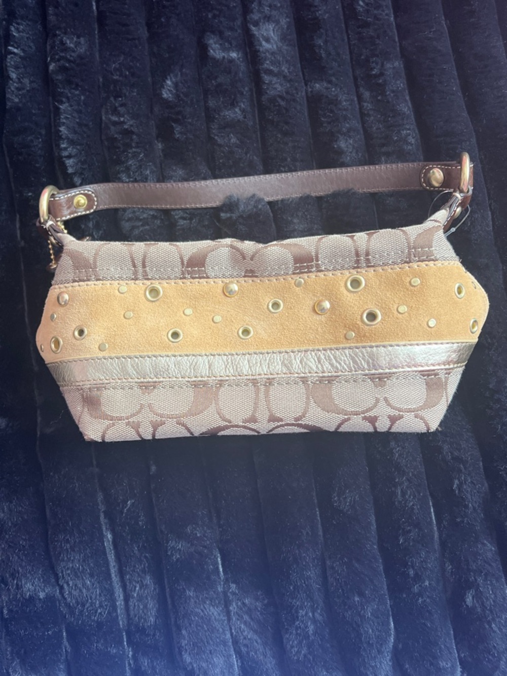 Coach Beige Signature Canvas and Suede Shoulder Bag with Gold Accents